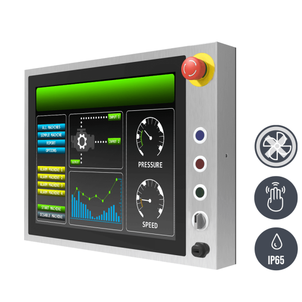 01-R19IE3S-SPM1-B-Front-right.png / TL Produkt-Welten / Panel-PC / Chassis Edelstahl (VESA-Mounting) / Multitouch-Screen, projiziert-kapazitiv (PCAP)