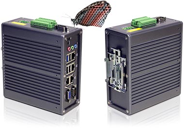 Mit einem rückseitigen Adapter kann man den kompakten Industrie-Box-PC DR2100 schnell und unkompliziert auf einer industrietypischen Hutschiene (engl.: DIN Rail) installieren
