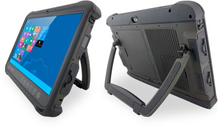 Der robuste Tablet-Industrie-PC M133W mit stabilem Gehäuse aus Magnesium besitzt einen 180-Grad verstellbaren Universal-Ständer, der auch als Haltegriff dient.