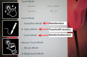 10-Punkt Multi-Touch mit Betriebsmodi Hand-/Regenmodus, Touch-Pen und Handschuh-Bedienung